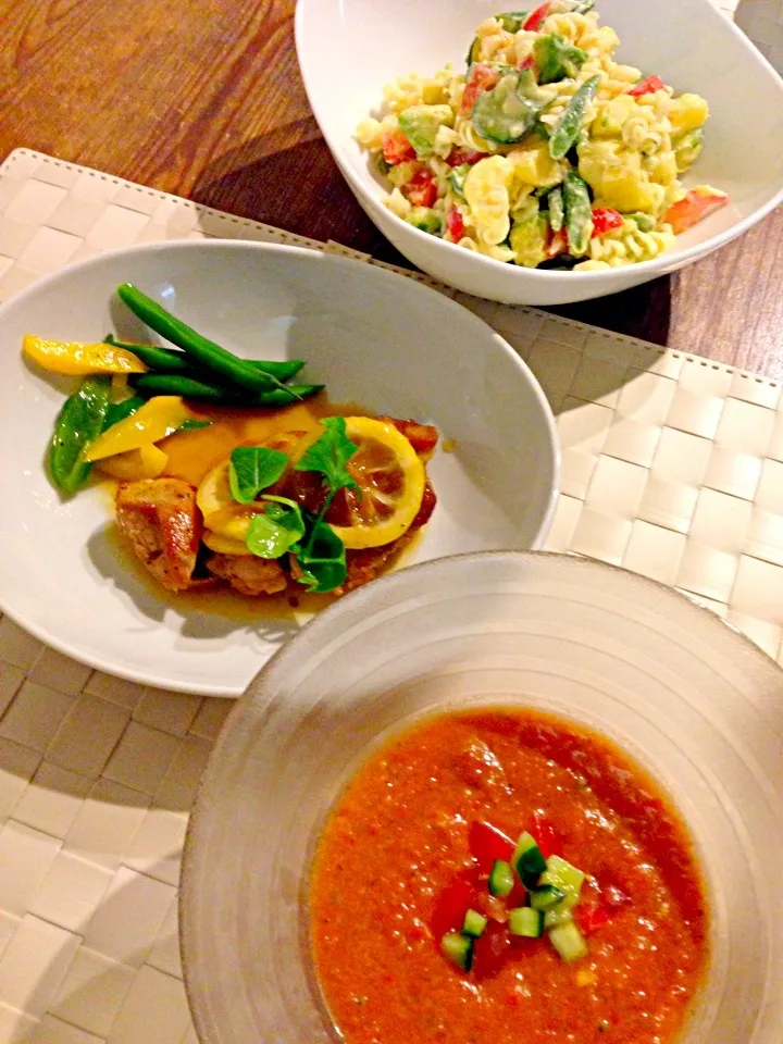 チキンのはちみつレモンソテー🍋ガスパチョ🍅アボカド入りマカロニポテトサラダ🍀|まみりんごさん