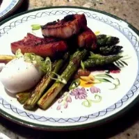 Seared miso roasted pork belly and pan roasted asparagus with miso onion butter and egg.|Morgan Howellさん