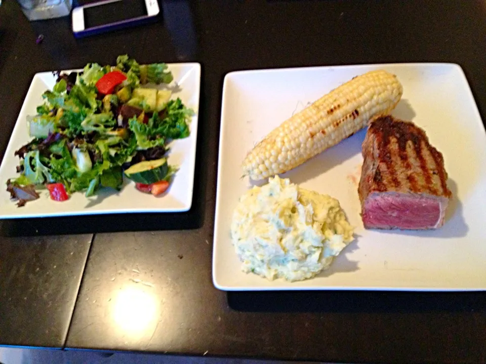 New York with scallion mashed potatoes  and grilled corn|danさん