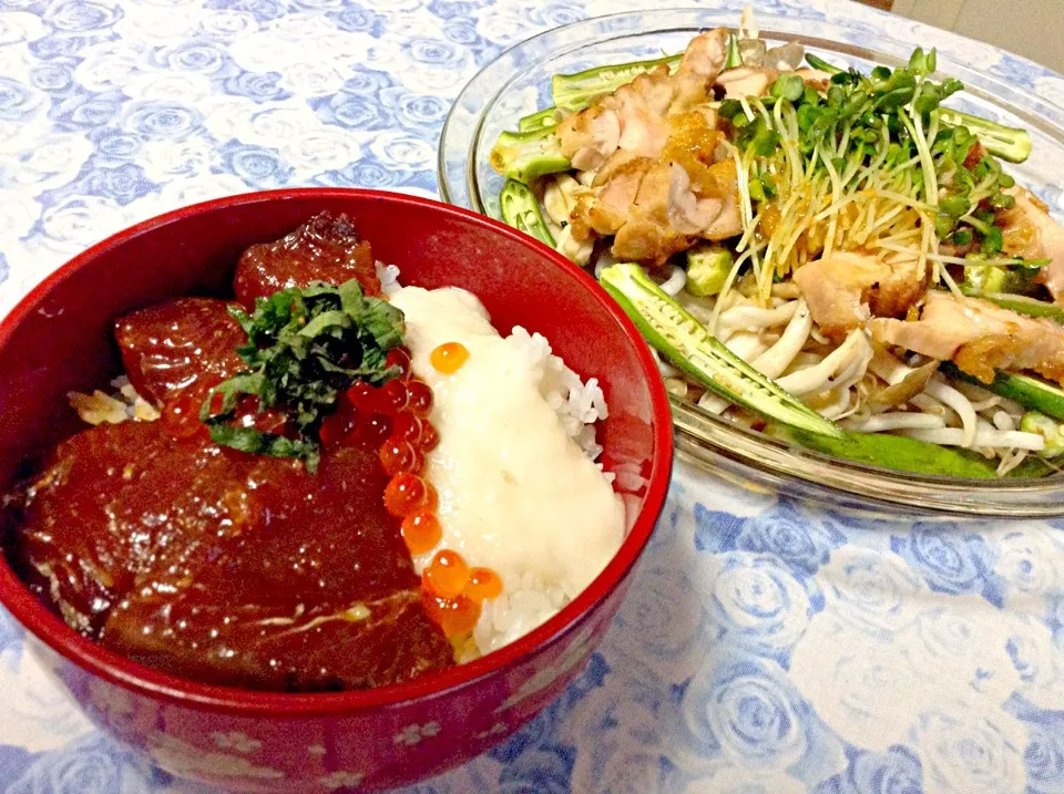 鰹と大和芋の漬け丼&香味だれの鳥ももサラダ|kai's mummyさん