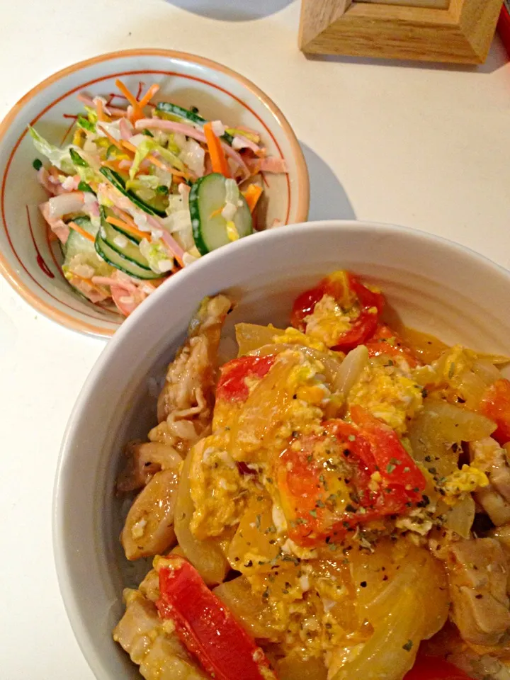 昨日の残りで親子丼。白菜のコールスロー。|DKさん