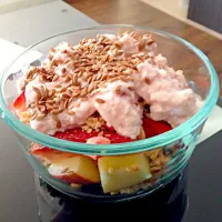 Snapdishの料理写真:Red Apple, Strawberry and Oat Clusters with a dollop of Berry Yoghurt Topped with Flaxseed|stephanie singgatamaさん