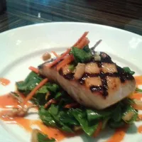 Mango-Ginger Glazed Chargrilled Corvina on a Baby Spinach, Roasted Shiitake, & _oasted Cashew Salad in A Mango-Chili Vinaigrette