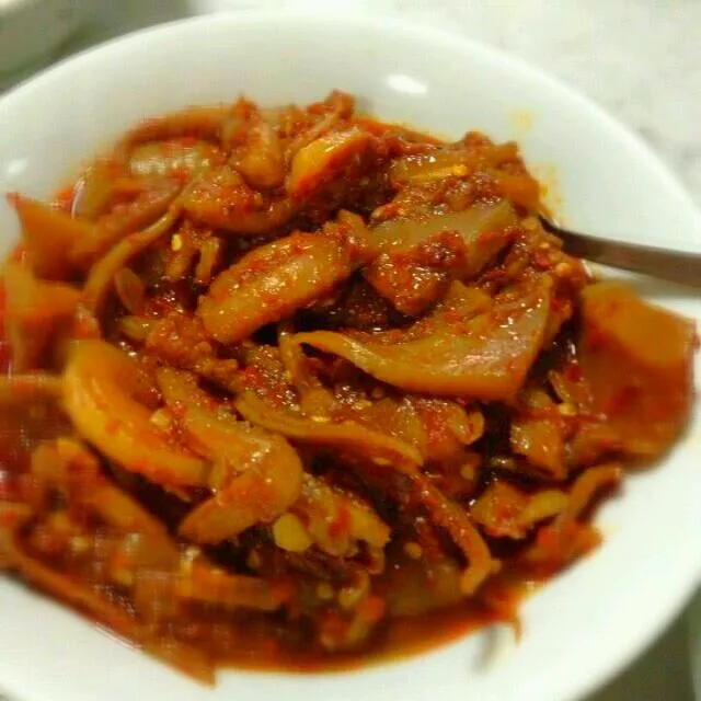 sambal cuttlefish..sambal is chilli paste with lots of ingredients...it is very spicy hot..a favourite dish during breaking of ramadan.|yapさん