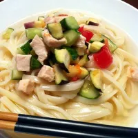 Snapdishの料理写真:夏野菜鶏ガラスープうどん|たじさん