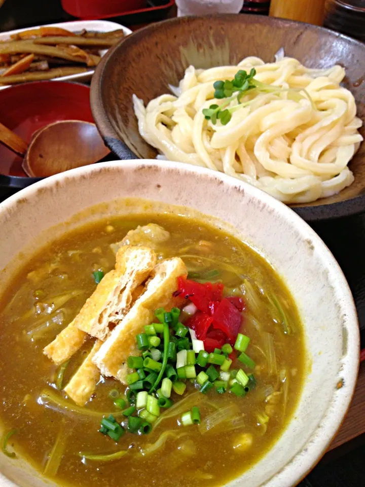 手ぶちうどん吉平 つけカレー汁うどん肉ネギバージョン  田舎きんぴら|カウンター嬢さん