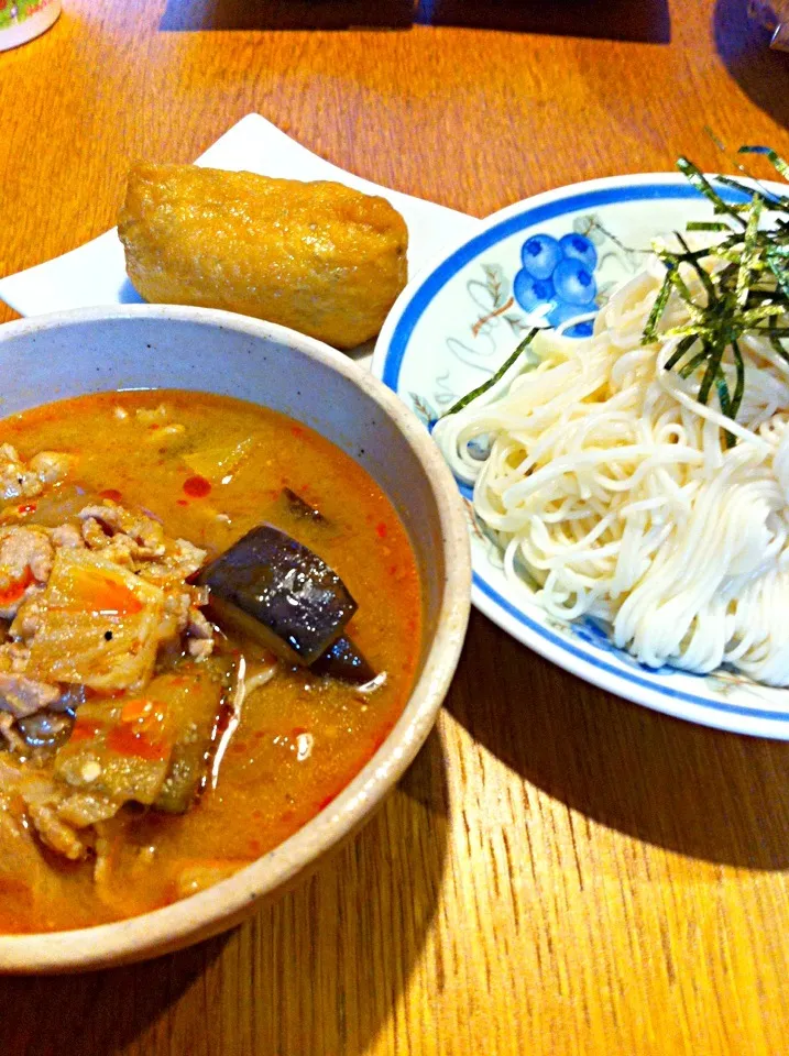 茄子の肉味噌ピリ辛つけ麺  素麺|まつださんさん