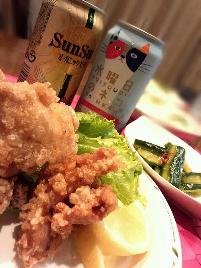 Snapdishの料理写真:★お試し缶と今夜のアテ...唐揚げ&キュウリもみ込み&素麺★|もっちぃさん