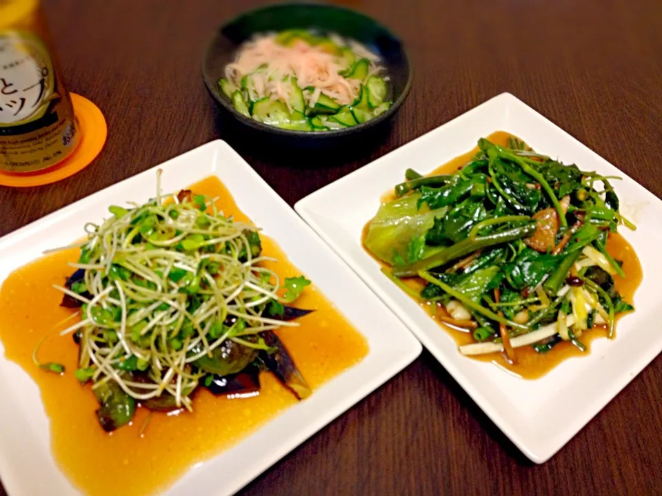 茄子と甘唐辛子焼き、空芯菜と色々野菜のニンニク炒め、胡瓜と新生姜の酢の物😋|SANJI🍻🍴😍さん