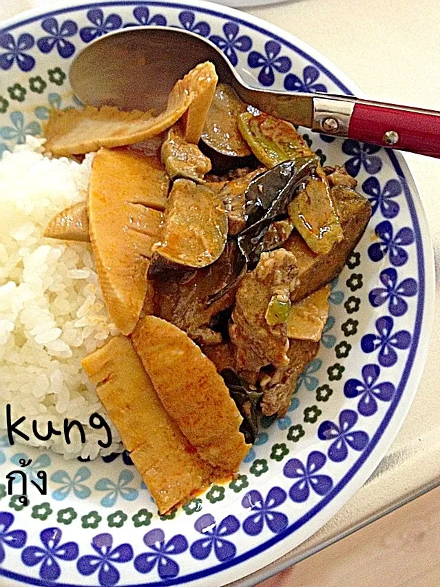 แกงเผ็ดเนื้อแห้งราดข้าวスープなし牛肉REDカレーかけご飯|Kungૅ˘੯ੁૂ‧̀͡u\กุ้งさん