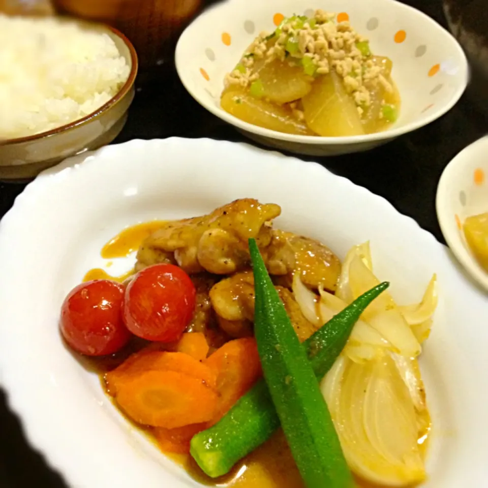 鶏と彩り野菜の甘酢照り焼きの晩ご飯|mikaさん