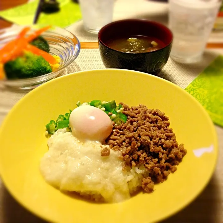 Snapdishの料理写真:肉みそ＆ネバネバ丼、サラダ|ハナさん