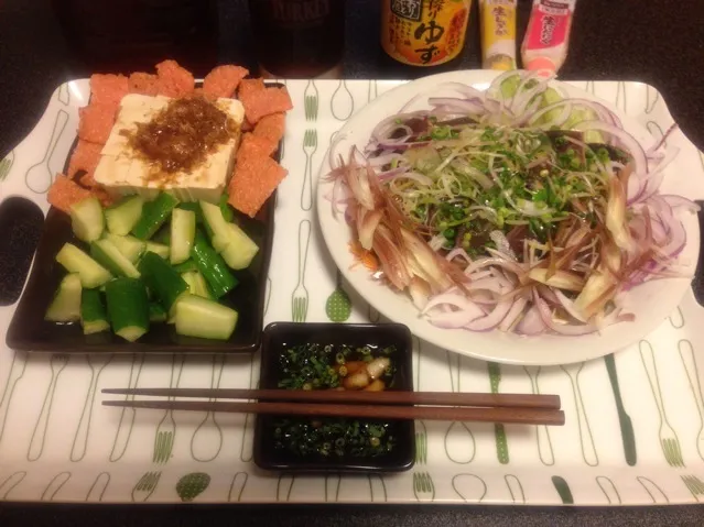 胡麻油キュウリ、冷奴、鰹のタタキ！꒰ •ॢ  ̫ -ॢ๑꒱✩✨|サソリさん