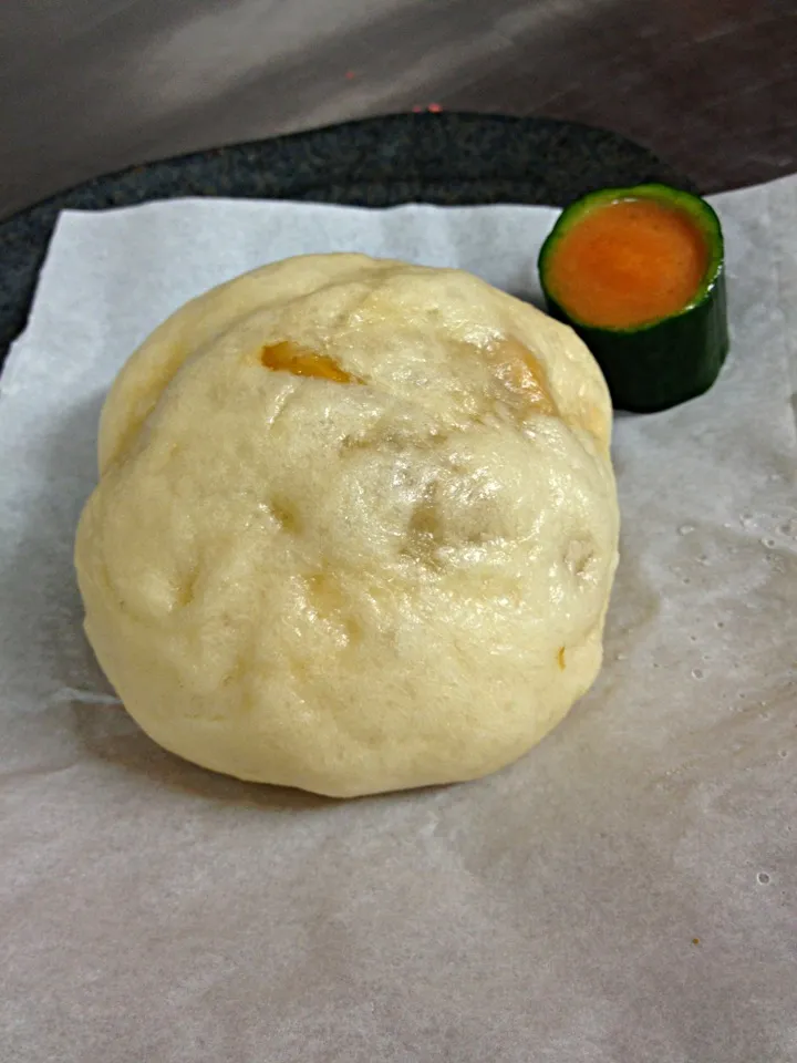 Snapdishの料理写真:Char Sui Bao - Pulled BBQ Pork in a steamed bun w/tomato gazpacho|Chris Shannonさん