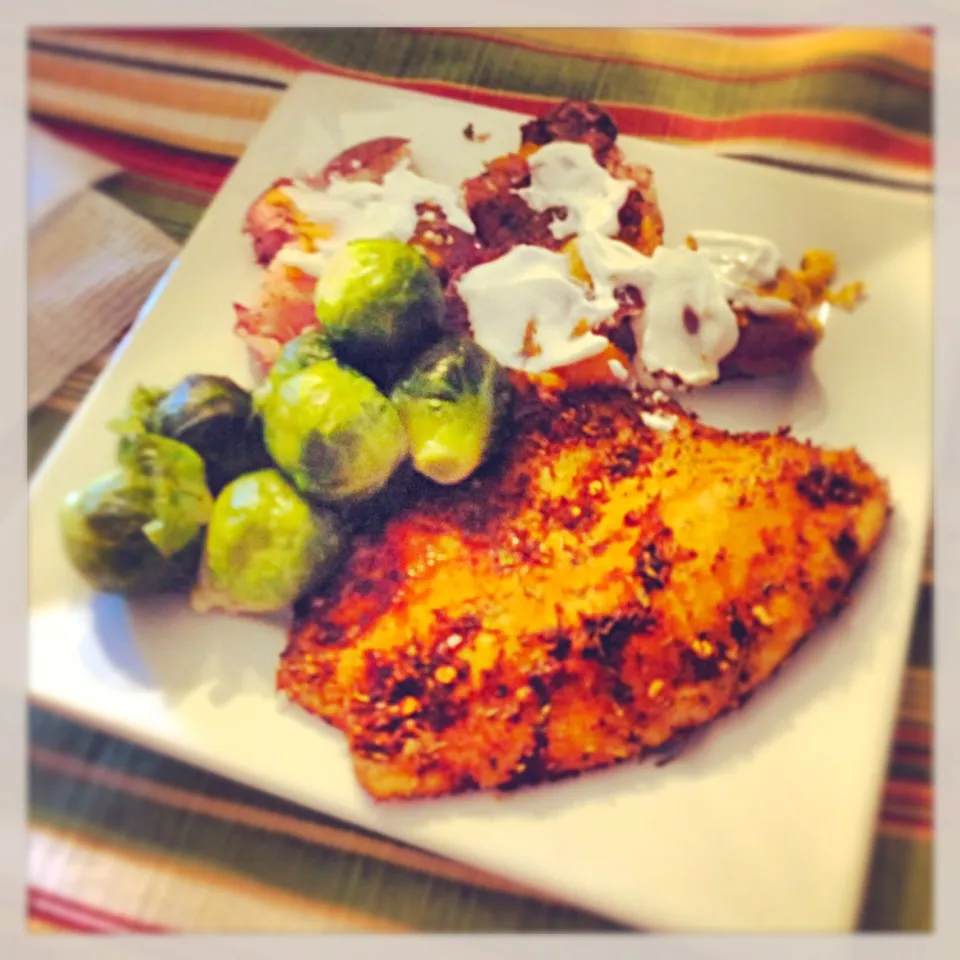 Snapdishの料理写真:Blackened tilapia with Brussels sprouts and smashed baby red potatoes|Diamond LaCroixさん