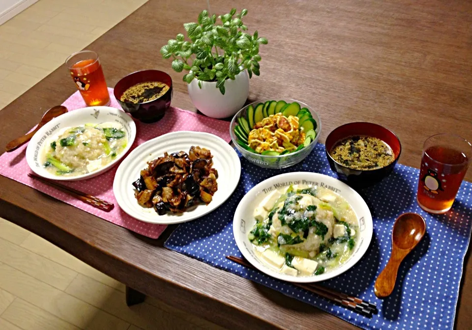 蟹と豆腐のあんかけ炒飯、豚肉と茄子の唐辛子炒め、パンプキンサラダ、ワカメスープ|pentarouさん