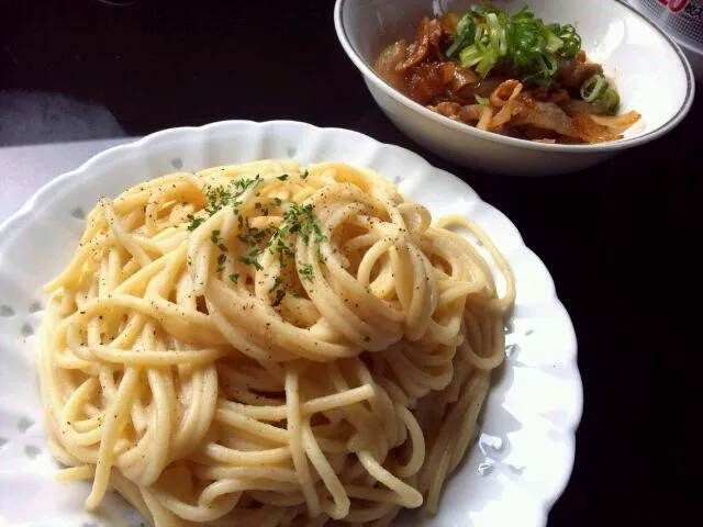 豆乳パスタ、豚しょうゆ焼き|マロさん