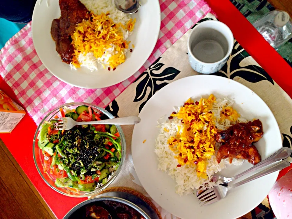 Snapdishの料理写真:Sour and sweet chicken & rice & salad|elhamさん