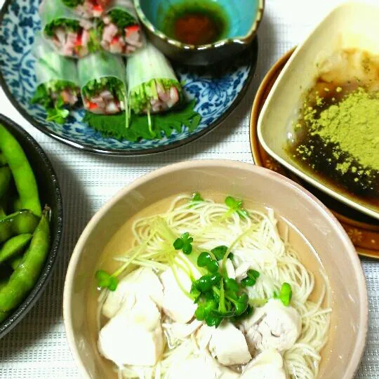 鶏だしのにゅうめん
生春巻き
茹で枝豆
ワラビ餅|miyuki-*∴☆さん