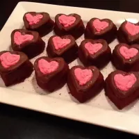 Red velvet cake shaped into hearts with pink and brown frosting and sprinkles|Ashlyn Dogsさん