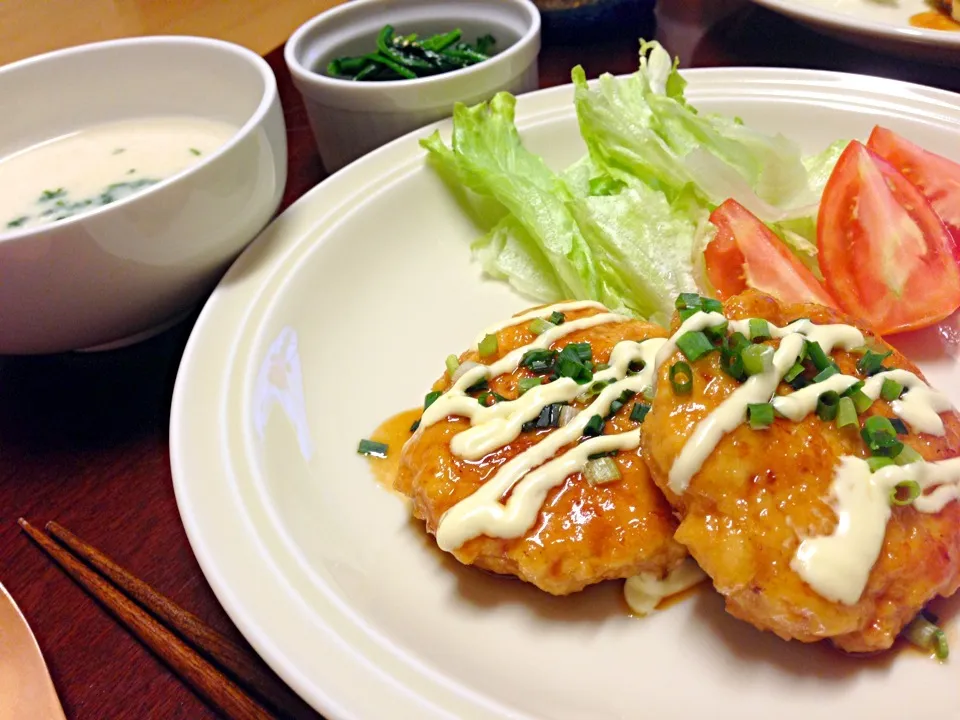 豆腐ハンバーグつくね風・ほうれん草ナムル・ビシソワーズ|みきさん