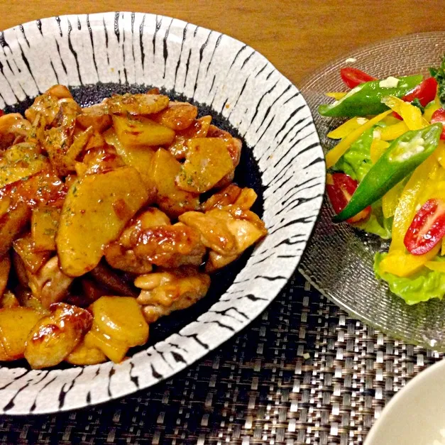 夕飯〜鶏肉と長芋の照り焼き、サラダ|kaoさん