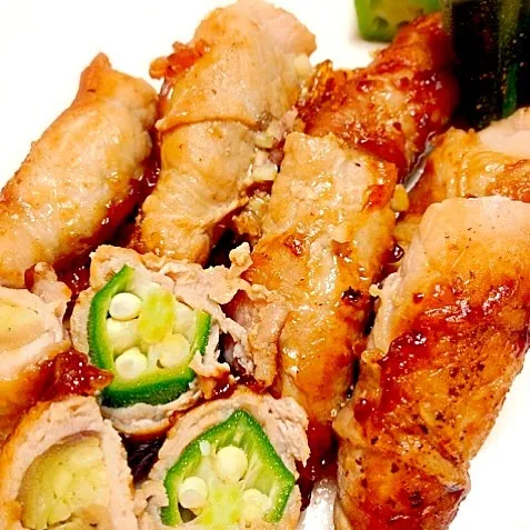 Snapdishの料理写真:Rolled pork in okra ☆ぶた巻き巻きオクラの照り焼き☆|Minia♥️さん