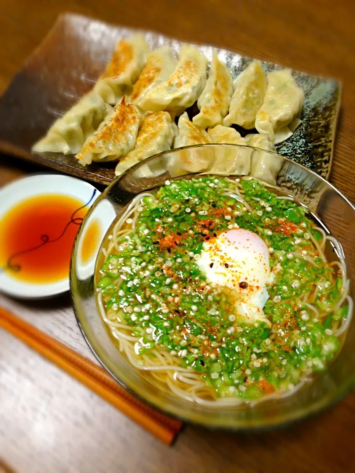 Snapdishの料理写真:刻みオクラの冷やしそうめん・餃子|kanakoさん