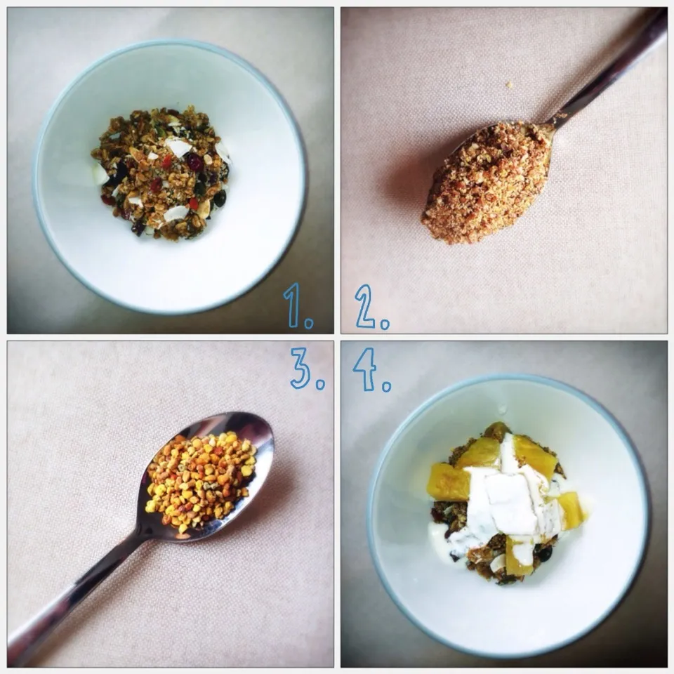 Granola serving suggestion: granola + grounded flax seed + bee pollen + pineapple + homemade kefir = deliciousness!!|Sharing Plates blogさん