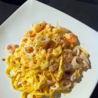 Snapdishの料理写真:Squid and king prawn tagliatelle|joanna lyddiattさん