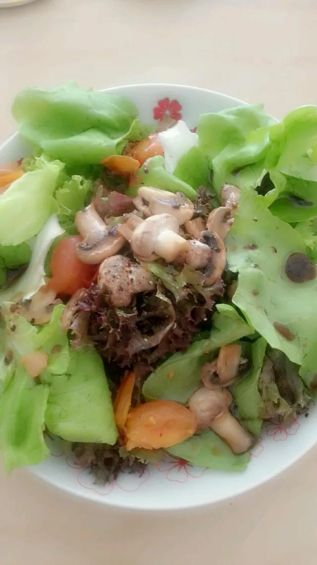 fresh veggies n white mushroom salad with rice bran oil dressing balsamic》lunch @home|sara_koyさん