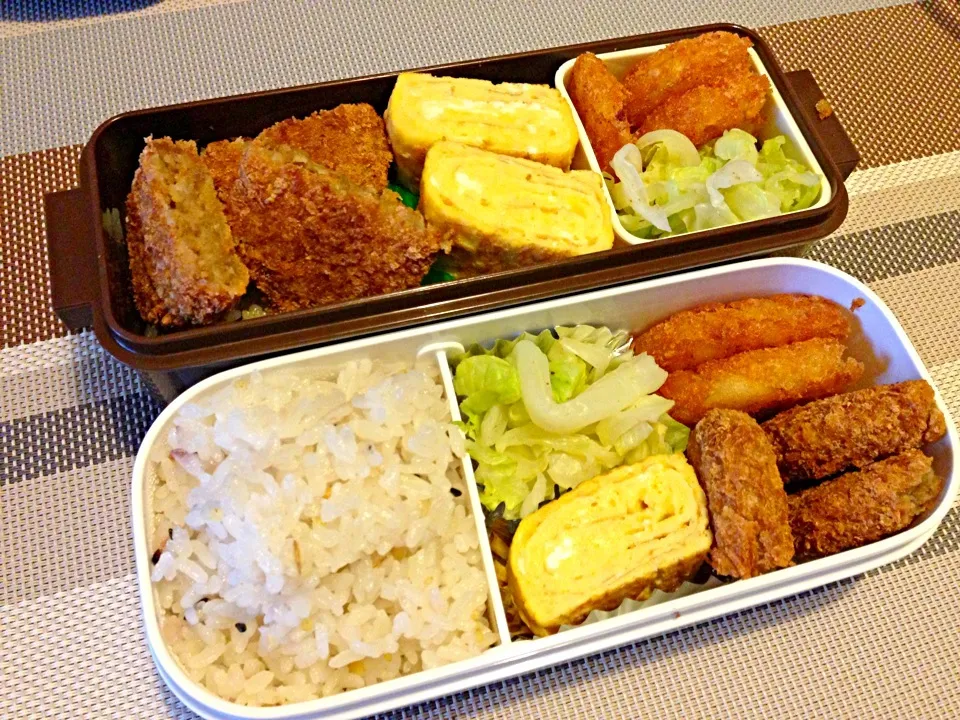 お弁当♡メンチカツ、ハッシュドポテト、キャベツ、卵焼き|ウサコさん