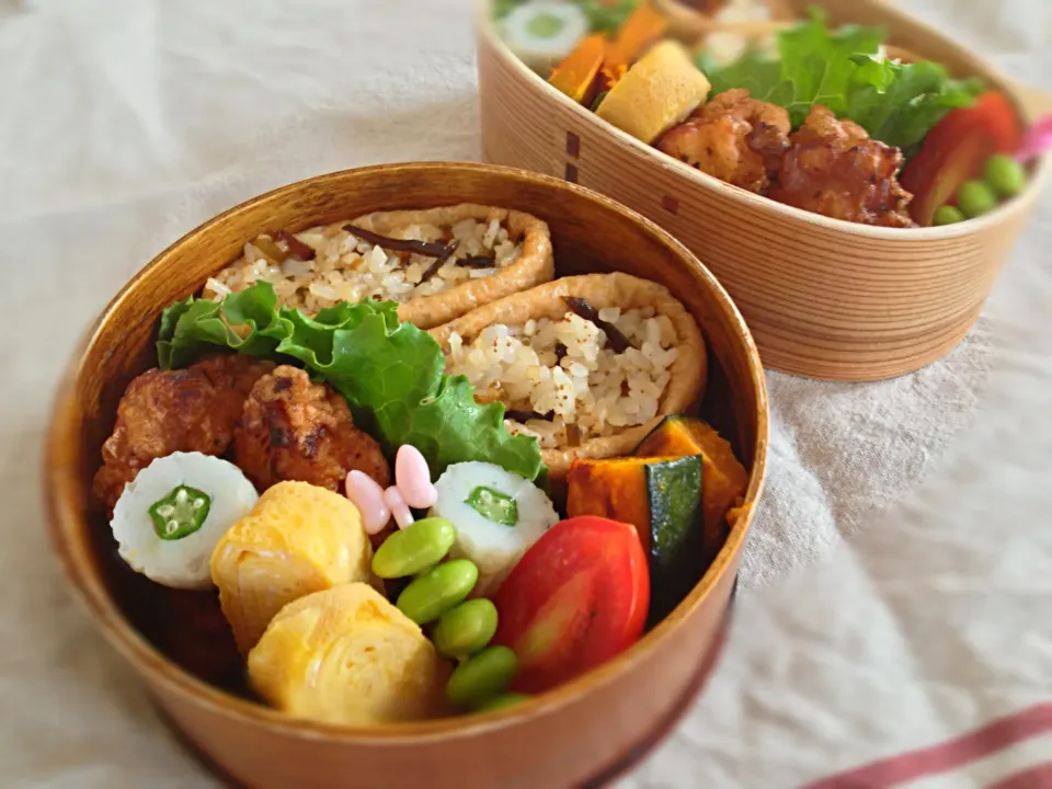 7月22日  子持ちこんぶご飯の稲荷と鶏唐揚げのお弁当|かとっちみゆさん