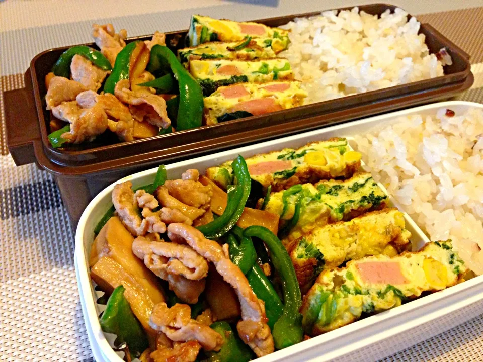 Snapdishの料理写真:お弁当♡ウインナー＆ほうれん草＆コースのキッシュ、豚肉とピーマンのオイスターソース炒め|ウサコさん