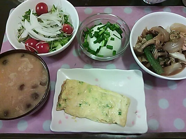 冷奴&サラダ&味噌汁&夏野菜炒め&卵焼き|クラキティさん