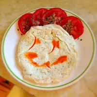 Snapdishの料理写真:Egg white omelet with parsley and basil sliced tomato and a hot sauce smiley face|Diamond LaCroixさん