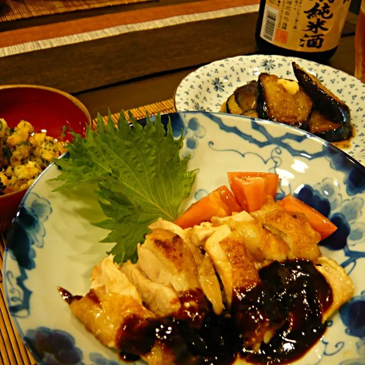 鶏の蒸し焼き甘味噌ダレがけ、コーンとエリンギのかきあげ、茄子の生姜焼き|masakoさん