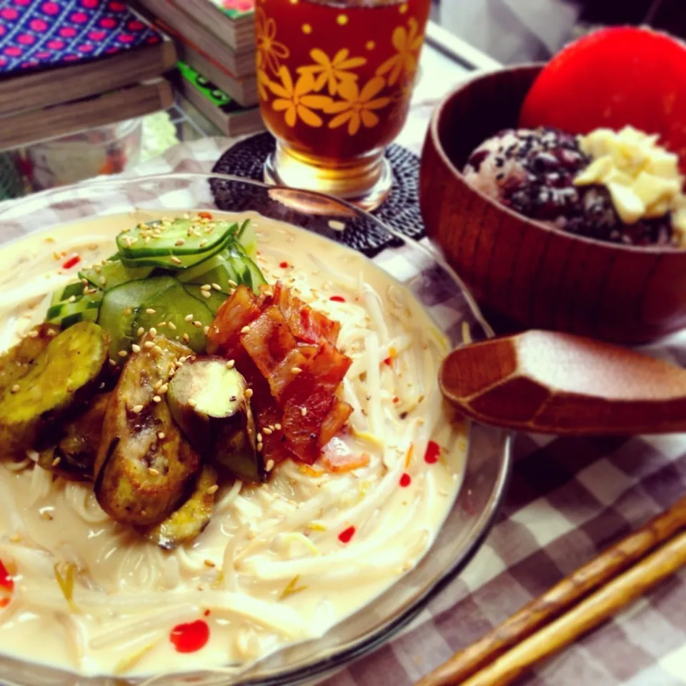 今日のトモコンダテは茄子とベーコンで冷製豆乳味噌素麺🎐🍆💚|🇯🇵ともこちゃん。さん