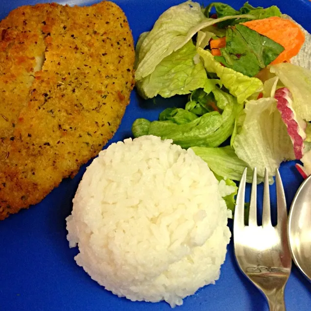 Snapdishの料理写真:Breaded tilapia and veggies|Indie Starさん