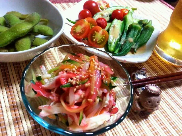 今日の晩酌♪
 ｻｻﾐの梅肉和えと自家製野菜の和風胡麻ｿｰｽ|ゆきんこさん