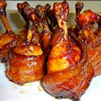 Uncle Gary's Gourmet Zesty Peach BBQ Bacon Wrapped Chicken Legs...