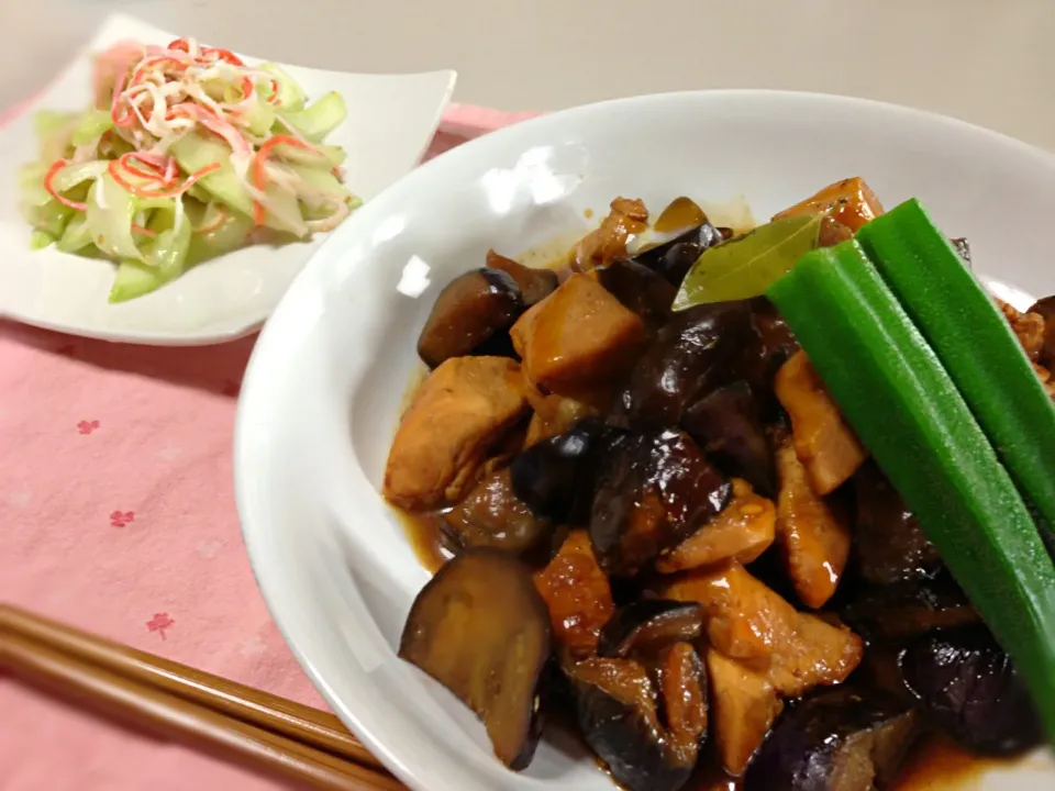 茄子と鶏肉の酢醤油炒めAND瓜のサラダ|ezzaさん