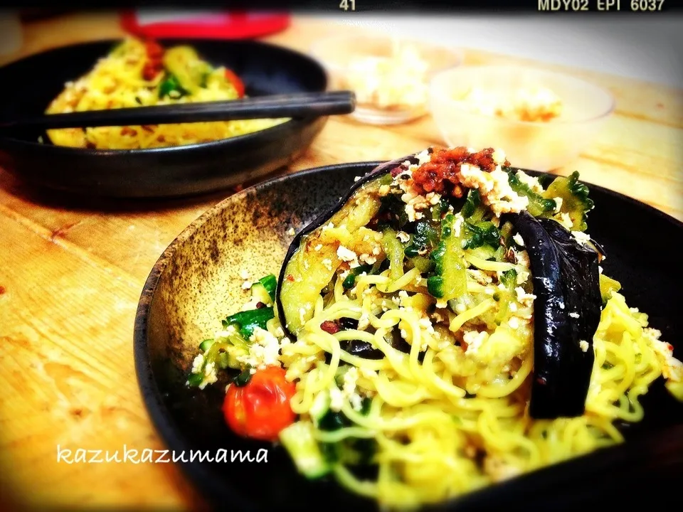 夏野菜と挽肉のピリ辛花山椒ラー油麺|kazukazumamaさん