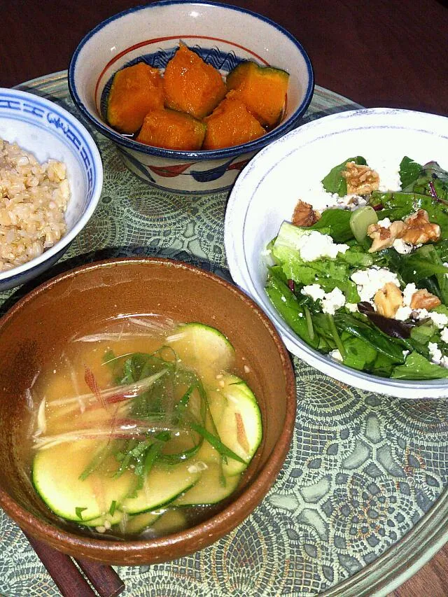 今夜のヘルシー手作り定食！カボチャのあんかけ、冷や汁、豆腐カッテージチーズ乗せサラダと玄米。|shihopさん