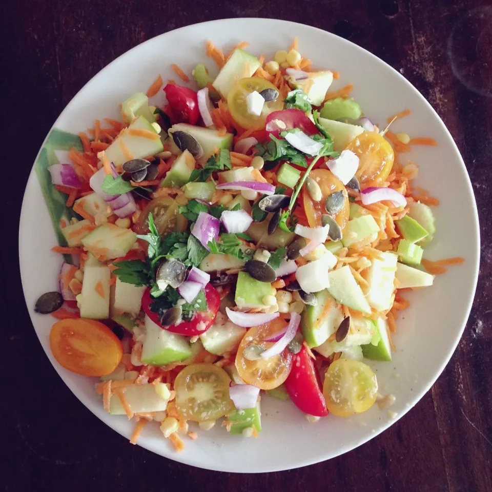 Carrot, corn, celery, red onion, Granny Smith apple, plum tomatoes, parsley and pumpkin seeds salad|Rianneさん