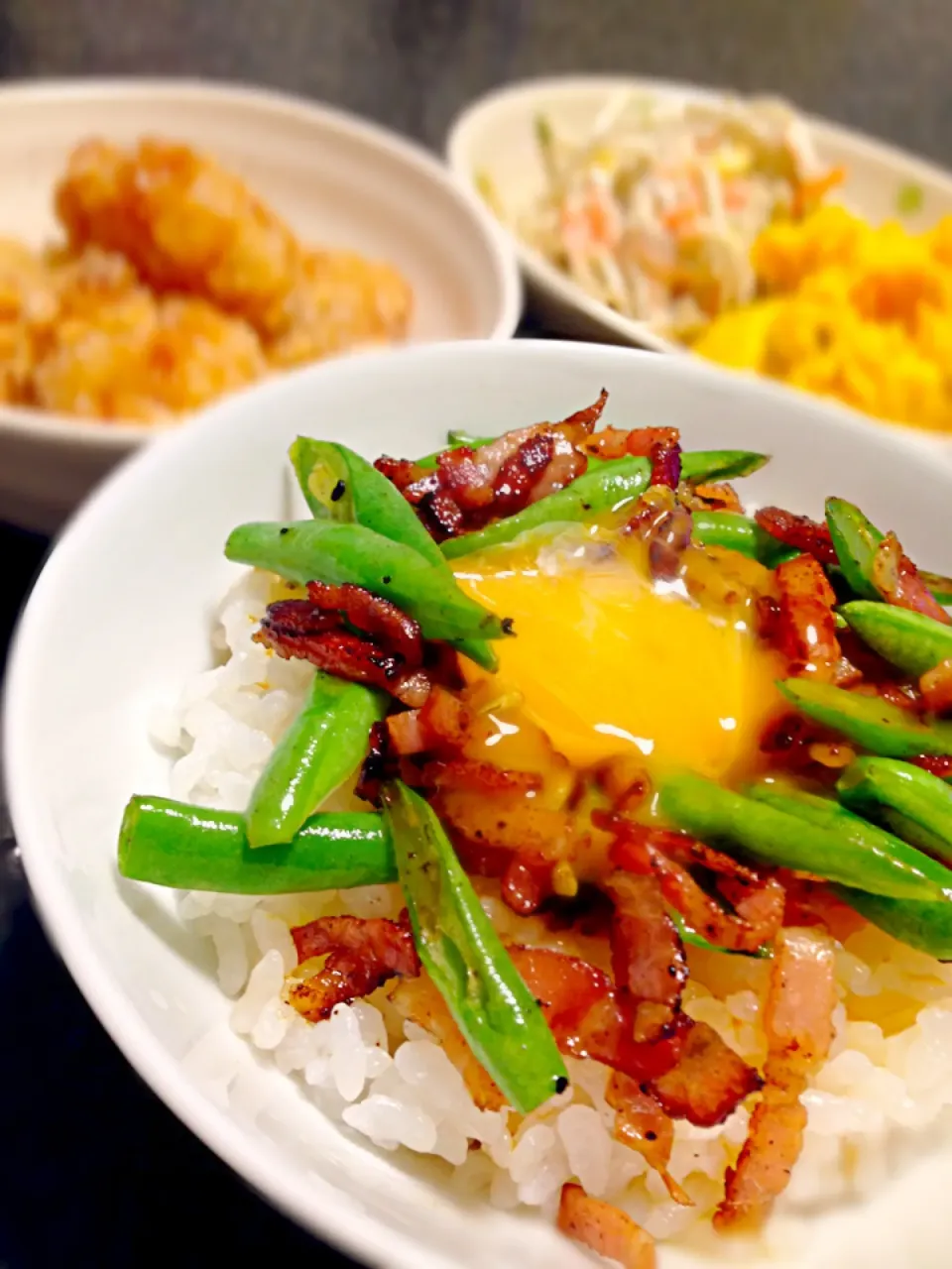 sudapさんの☆いんげんベーコンお醤油たら〜り丼|がぁがさん