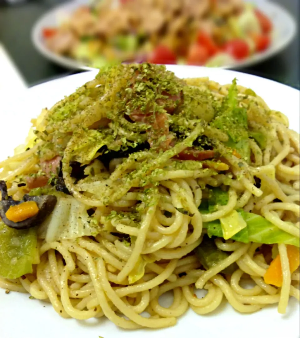 スパゲティで焼うどん青海苔かけ|ずきみくさん