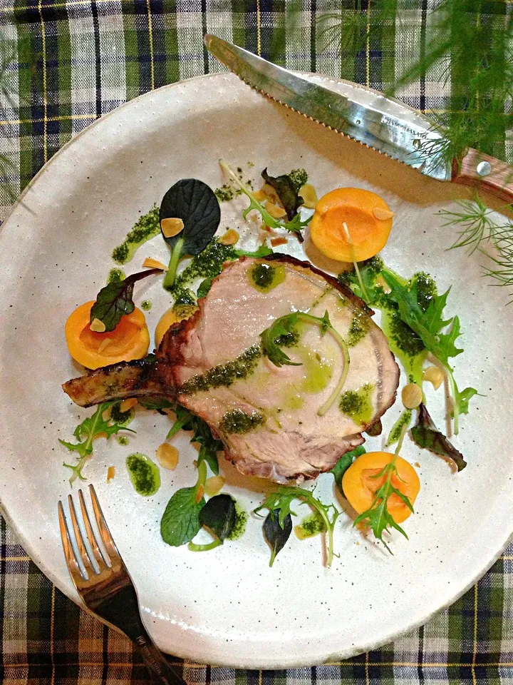 Snapdishの料理写真:Miso glazed roasted pork,apricot,shiso olive oil,Asian salad leaves|rick chanさん