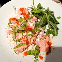 Grilled chicken with shallots, basil, cotija cheese, smoked salt, tapatio hot sauce, and a baby greens salad with lime juice and EV olive oil. :)|nayo satterleeさん