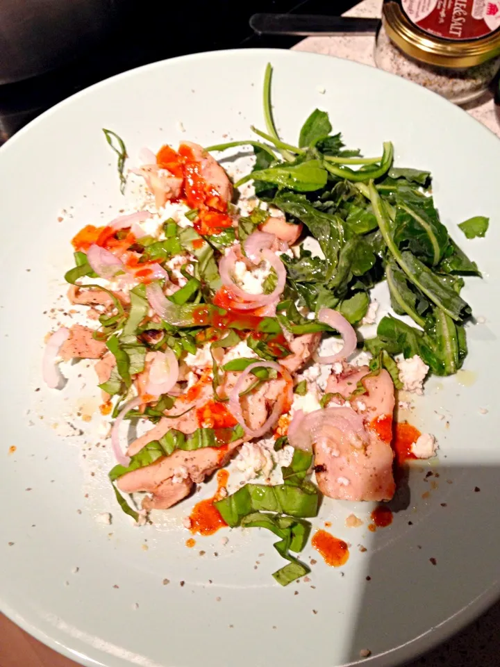 Grilled chicken with shallots, basil, cotija cheese, smoked salt, tapatio hot sauce, and a baby greens salad with lime juice and EV olive oil. :)|nayo satterleeさん